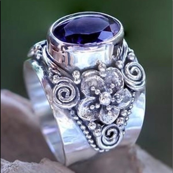 Unisex Size 9 Amethyst Silver Ring - Picture 9 of 12